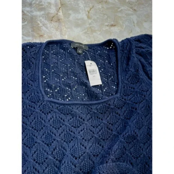 Ann Taylor XS knit top navy square collar cotton blend eyelet New! - Picture 6 of 7